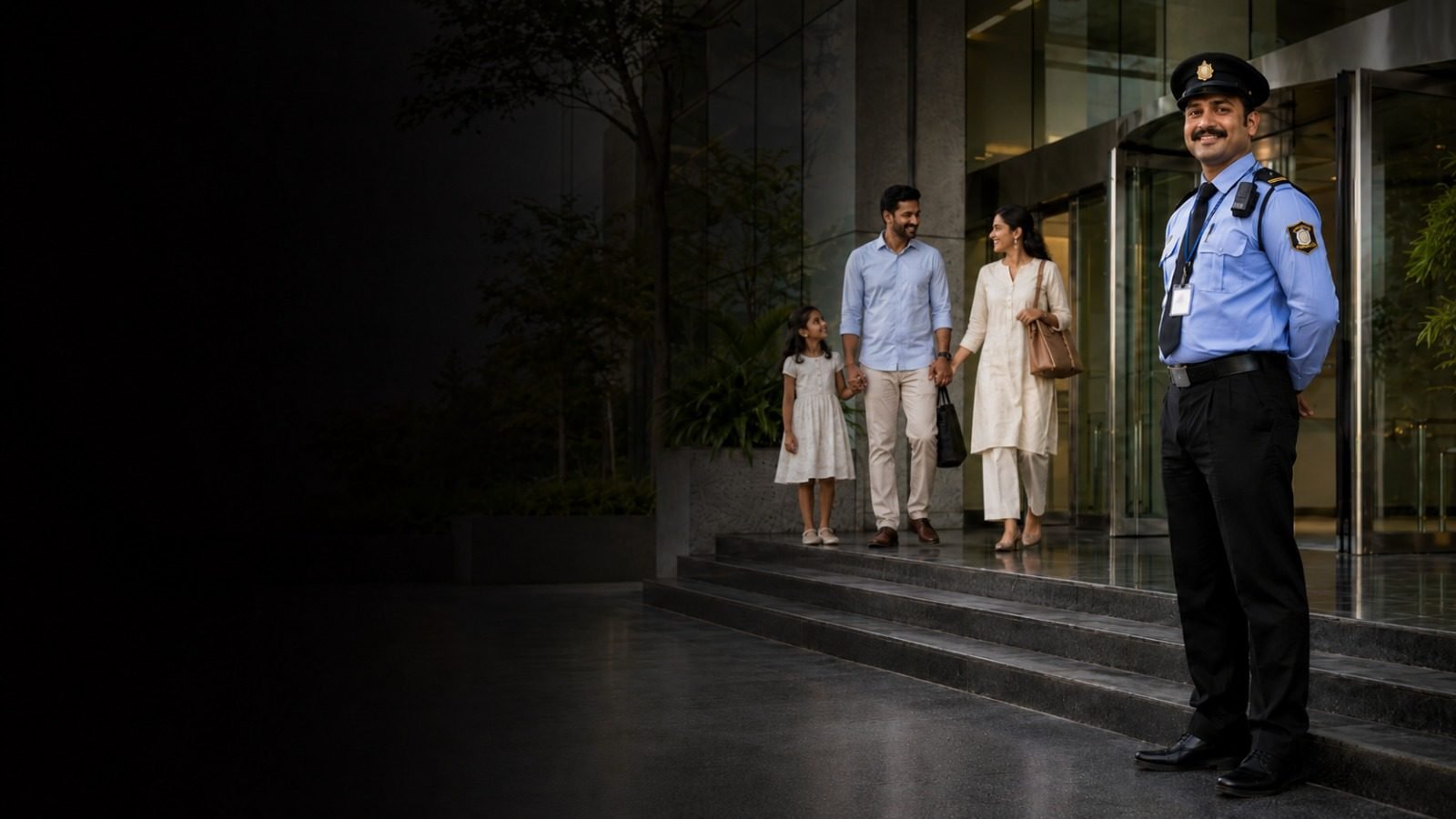 A uniformed Nobel Security Group officer on duty at a corporate building as a family arrives